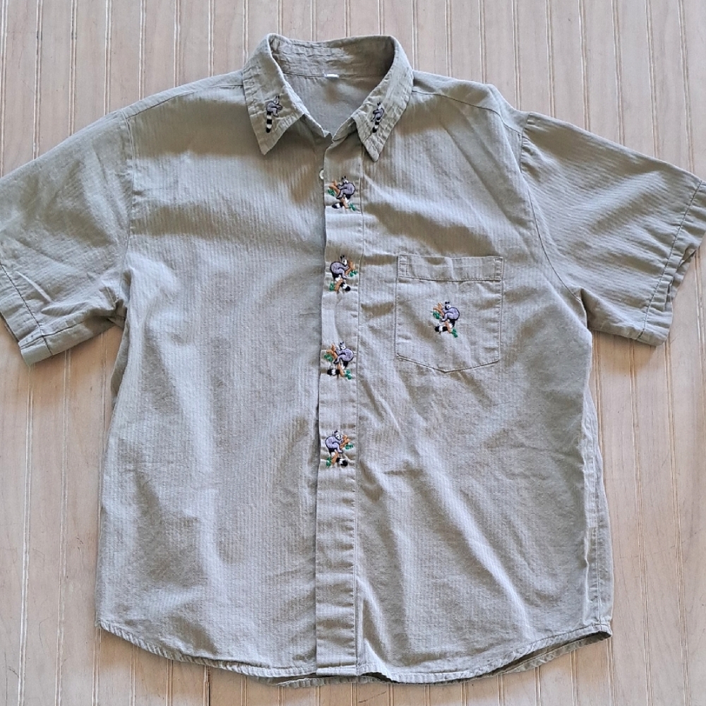 Vintage Lemur Embroidered Button Down Taupe Shirt Safari Unisex Comfy